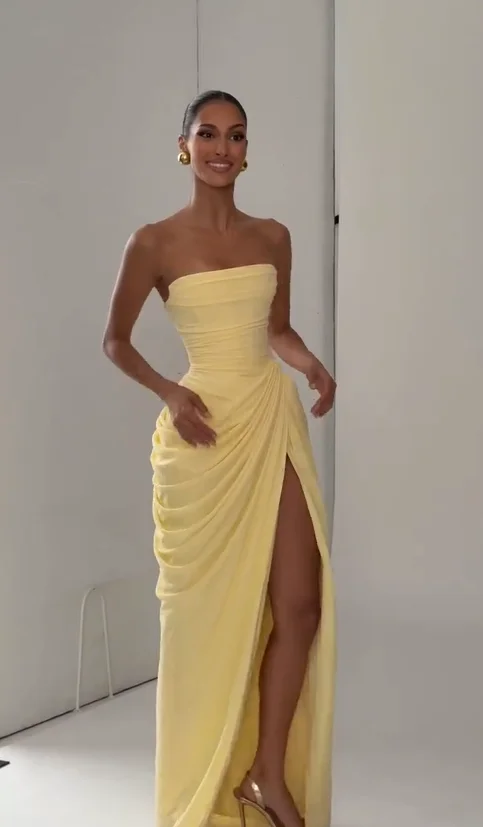 Off-Shoulder Backless Pleated High Waist Split Maxi Dress Elegant Party Gown