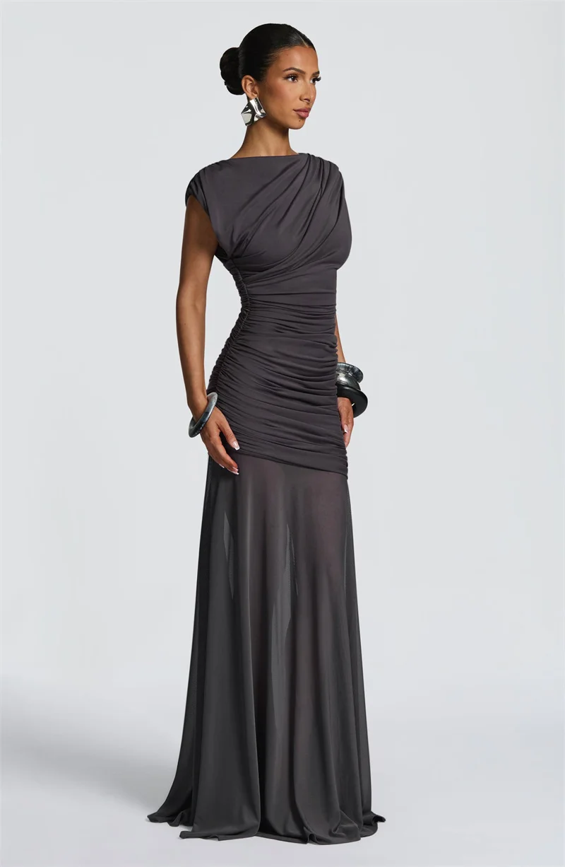 Elegant O-Neck Sleeveless Ruched Mesh Maxi Dress Slim Fit Floor-Length Evening Gown