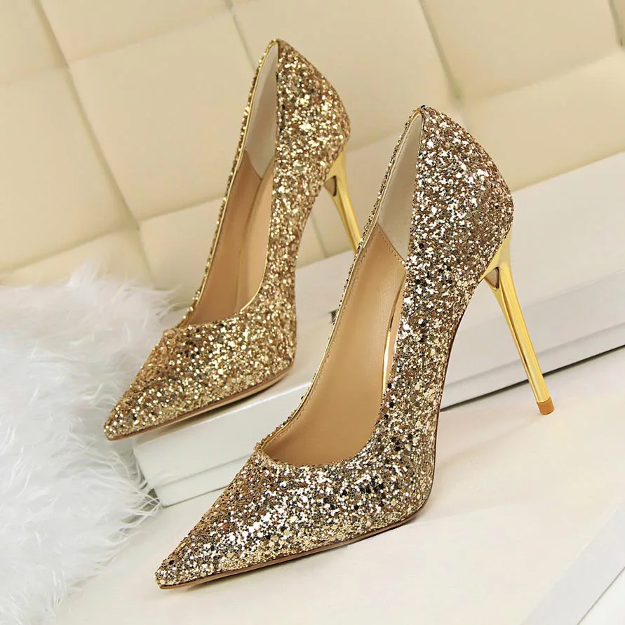 Gold Glitter Pointed Toe High Heel Pumps Sparkling Stiletto Evening Shoes