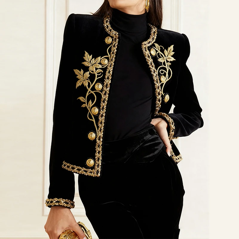 Women's Gold-Embroidered Velvet Crewneck Coat