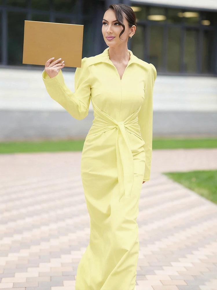 Elegant Long Sleeve Zip Bodycon Maxi Dress Office Side Split Slim Fit Dress