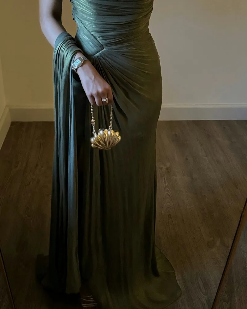 Elegant Asymmetrical Ruched Draped Maxi Dress Olive Green Pleated Evening Gown