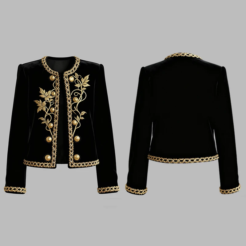 Women's Gold-Embroidered Velvet Crewneck Coat