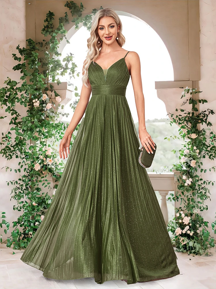 Luxury A-Line Deep V-Neck Evening Gown Elegant Pleated Formal Wedding Party Dress