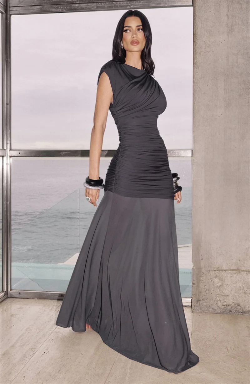 Elegant O-Neck Sleeveless Ruched Mesh Maxi Dress Slim Fit Floor-Length Evening Gown