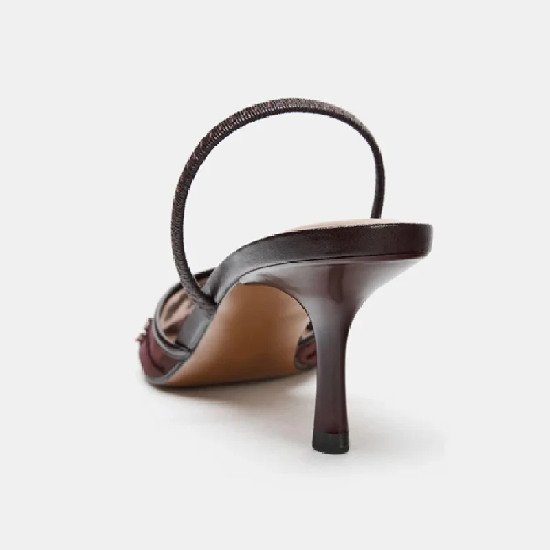 Elegant Mesh Slingback Pointed Toe Heels Floral Embroidery Coffee Brown Kitten Heel Pumps