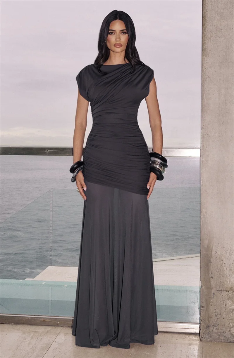 Elegant O-Neck Sleeveless Ruched Mesh Maxi Dress Slim Fit Floor-Length Evening Gown