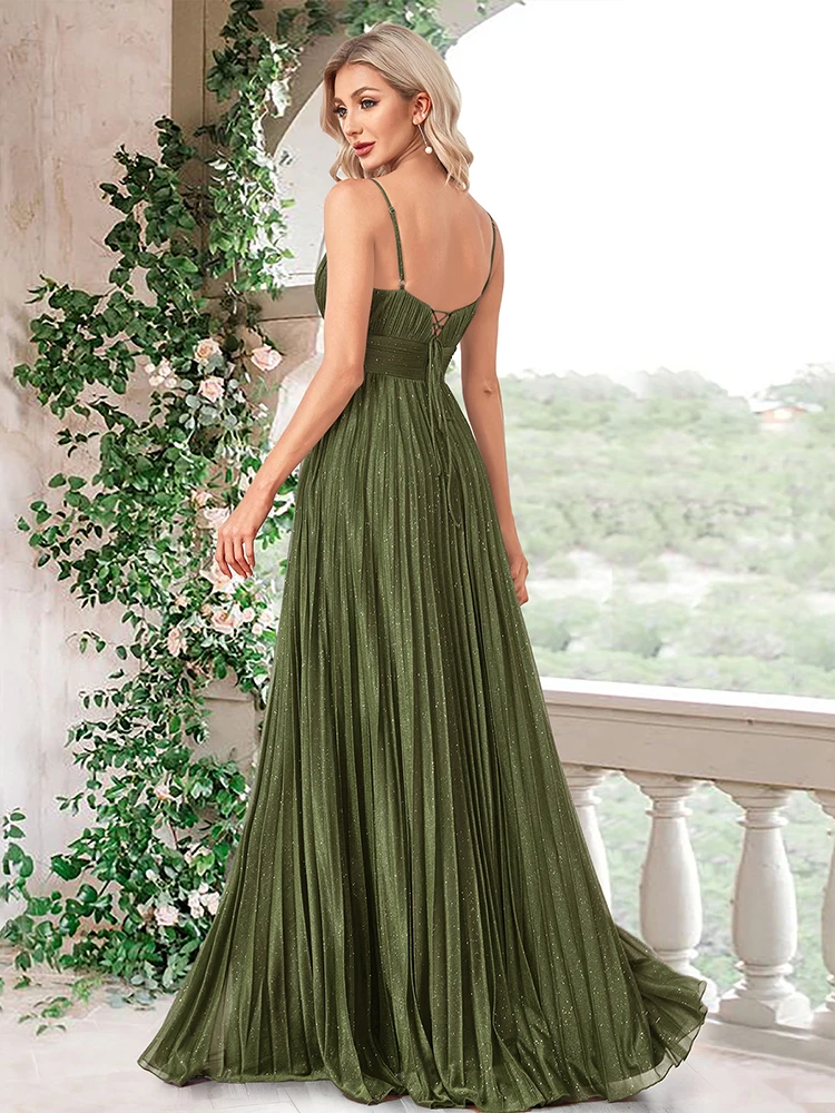 Luxury A-Line Deep V-Neck Evening Gown Elegant Pleated Formal Wedding Party Dress