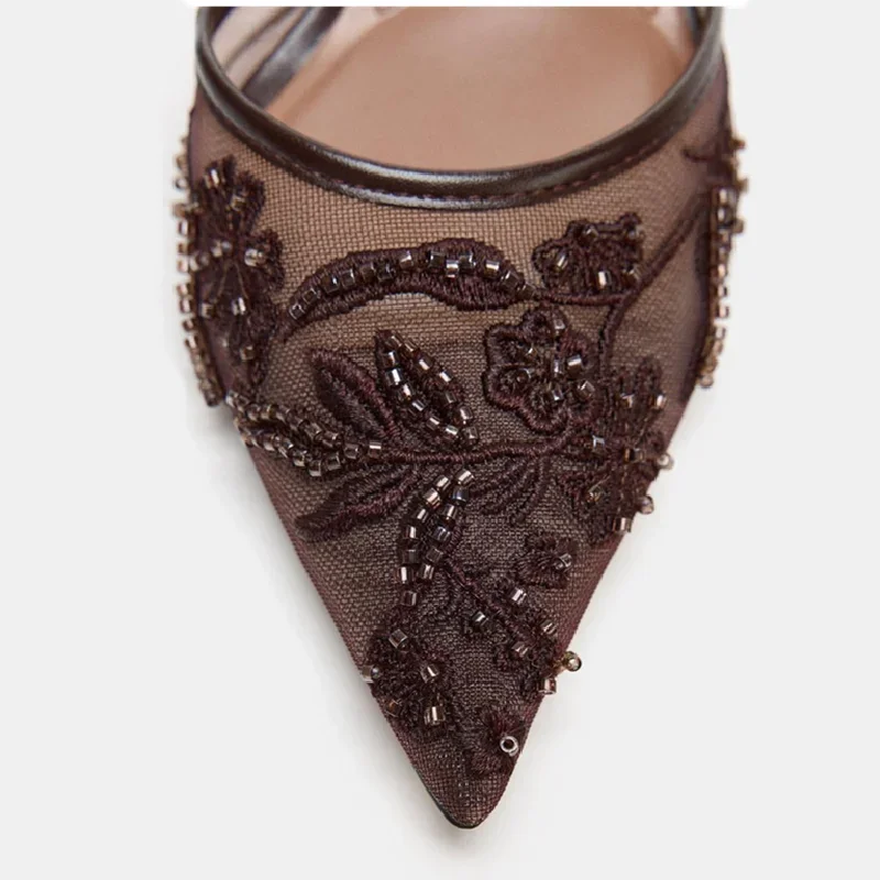 Elegant Mesh Slingback Pointed Toe Heels Floral Embroidery Coffee Brown Kitten Heel Pumps
