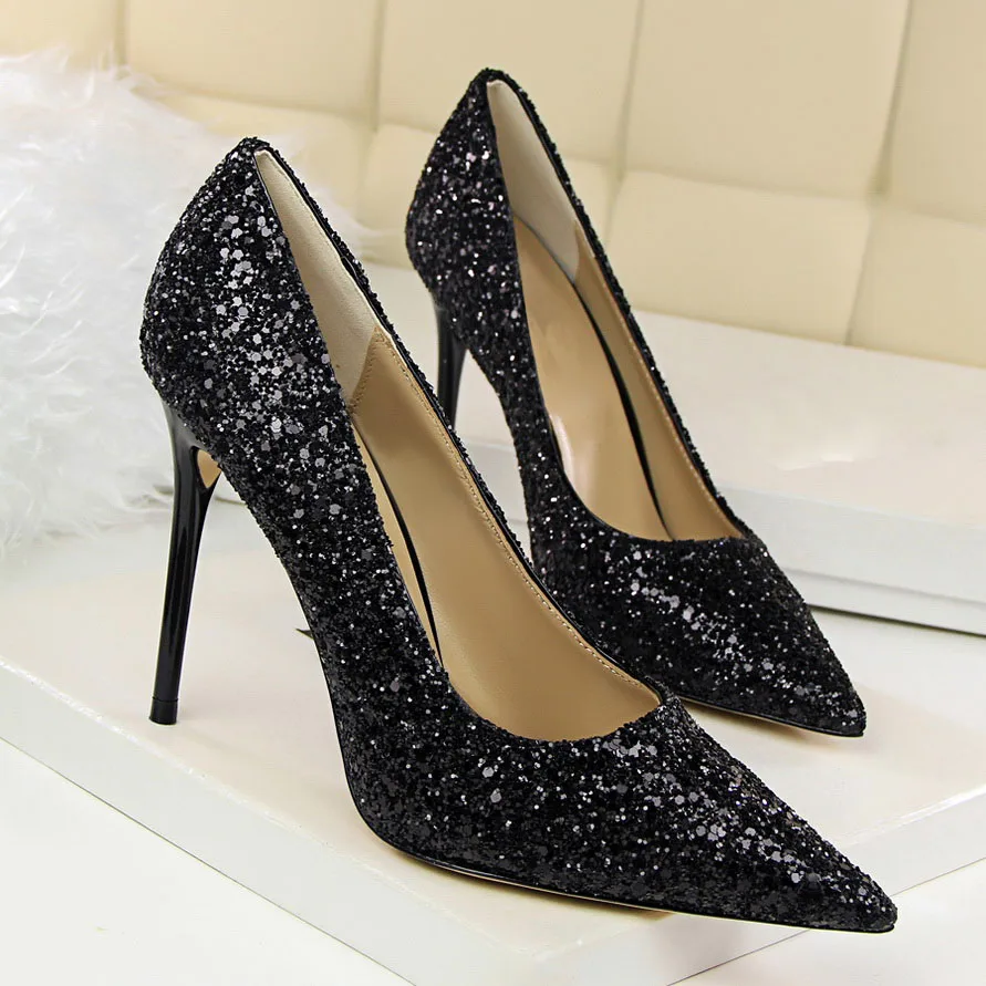 Gold Glitter Pointed Toe High Heel Pumps Sparkling Stiletto Evening Shoes