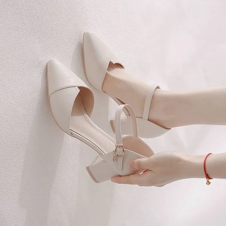 Elegant Pointed Toe Mid Heel Pumps Beige Ankle Strap Block Heel Shoes 4 Elegant Pointed Toe Mid Heel Pumps Beige Ankle Strap Block Heel Shoes
