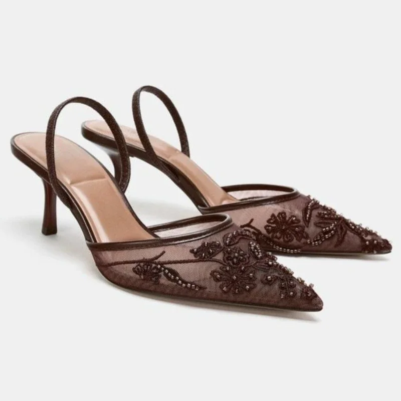 Elegant Mesh Slingback Pointed Toe Heels Floral Embroidery Coffee Brown Kitten Heel Pumps