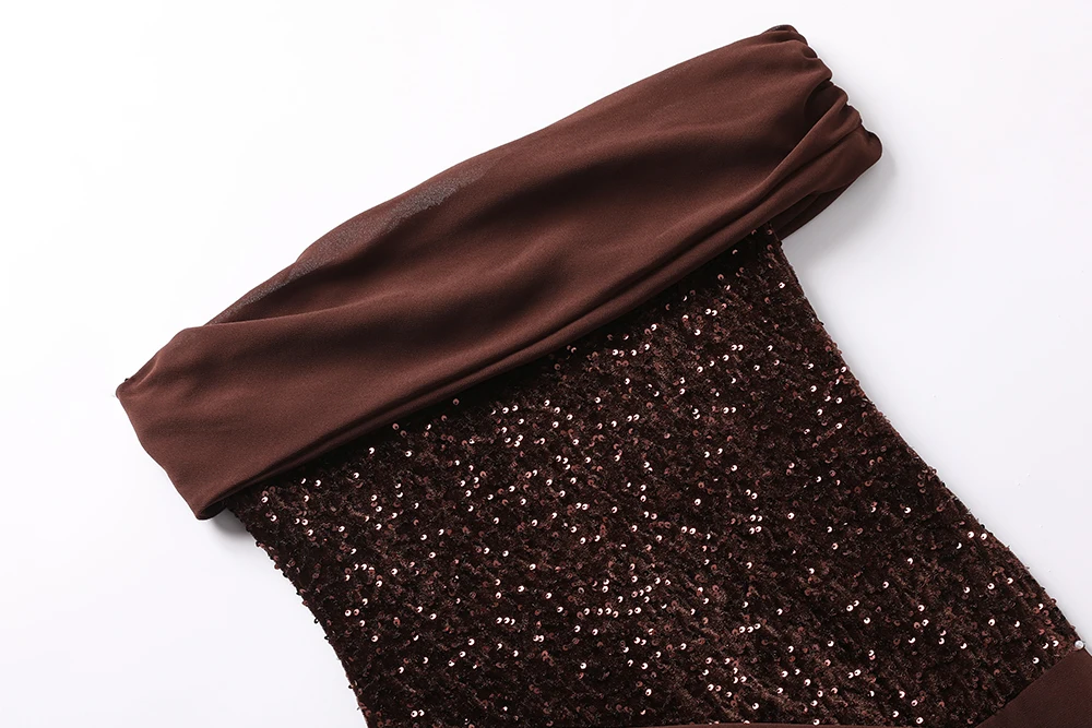 Elegant One-Shoulder Sequin Waist Maxi Dress Chocolate Brown Formal Evening Gown 5 Elegant One-Shoulder Sequin Waist Maxi Dress Chocolate Brown Formal Evening Gown
