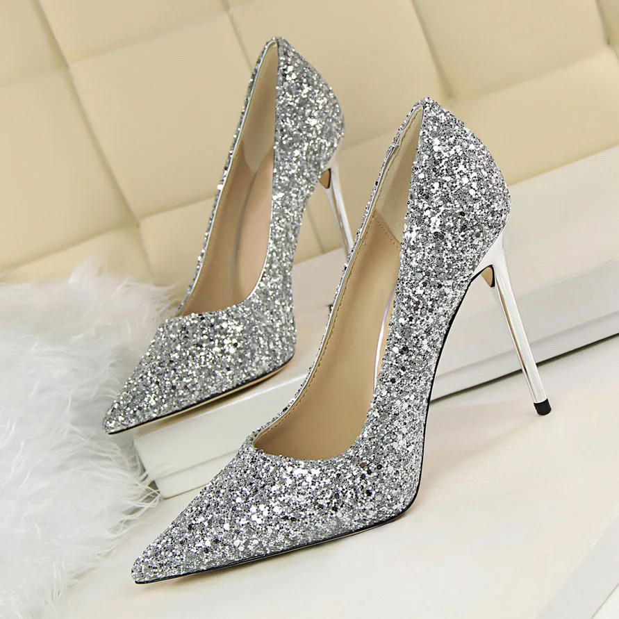 Gold Glitter Pointed Toe High Heel Pumps Sparkling Stiletto Evening Shoes