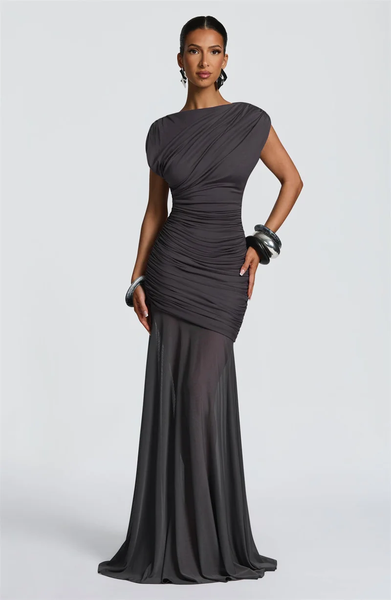 Elegant O-Neck Sleeveless Ruched Mesh Maxi Dress Slim Fit Floor-Length Evening Gown