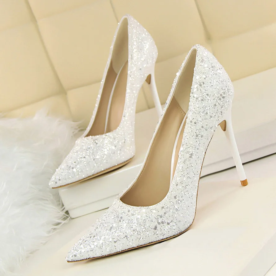 Gold Glitter Pointed Toe High Heel Pumps Sparkling Stiletto Evening Shoes
