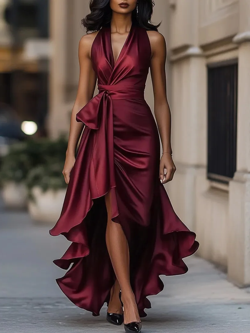 Elegant V-Neck Ruffle Sleeveless Maxi Dress with Side Slit 5 Elegant V-Neck Ruffle Sleeveless Maxi Dress with Side Slit