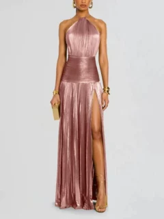 Metallic Halter Neck Pleated Maxi Dress High Slit Elegant Evening Gown