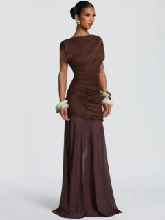 Elegant O-Neck Sleeveless Ruched Mesh Maxi Dress Slim Fit Floor-Length Evening Gown