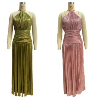 Metallic Halter Neck Pleated Maxi Dress High Slit Elegant Evening Gown