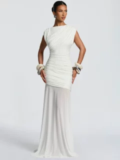 Elegant O-Neck Sleeveless Ruched Mesh Maxi Dress Slim Fit Floor-Length Evening Gown