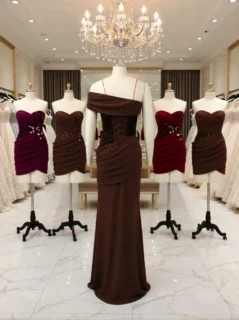 Elegant One-Shoulder Sequin Waist Maxi Dress Chocolate Brown Formal Evening Gown