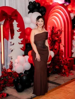 Elegant One-Shoulder Sequin Waist Maxi Dress Chocolate Brown Formal Evening Gown