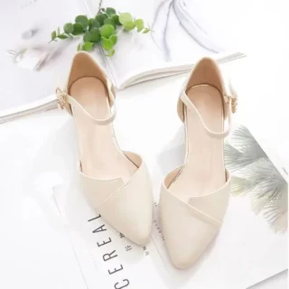 Elegant Pointed Toe Mid Heel Pumps Beige Ankle Strap Block Heel Shoes