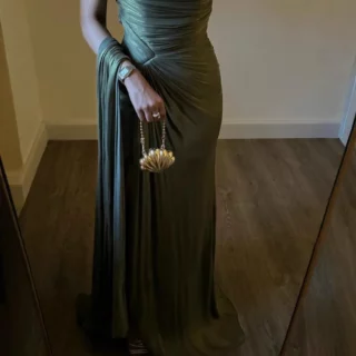 Elegant Asymmetrical Ruched Draped Maxi Dress Olive Green Pleated Evening Gown
