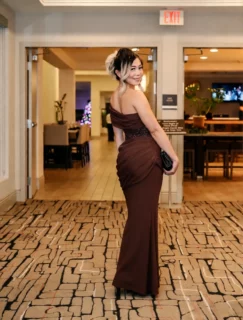Elegant One-Shoulder Sequin Waist Maxi Dress Chocolate Brown Formal Evening Gown