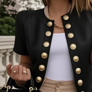 Gold-Button Double-Breasted Short-Sleeve Cropped Tailored Jacket – Women’s