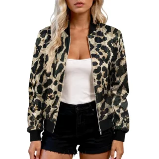 Women’s Leopard Pattern Full-Zip Lightweight Jacket