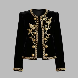 Women’s Gold-Embroidered Velvet Crewneck Coat