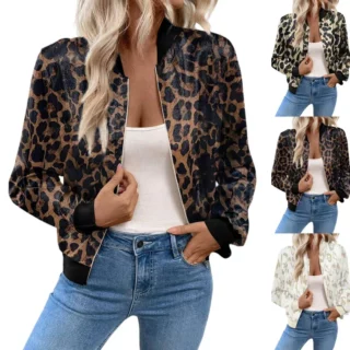 Women’s Leopard Pattern Full-Zip Lightweight Jacket
