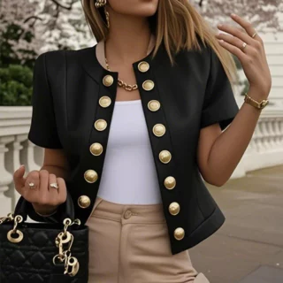 Gold-Button Double-Breasted Short-Sleeve Cropped Tailored Jacket – Women’s