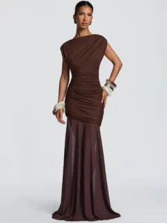 Elegant O-Neck Sleeveless Ruched Mesh Maxi Dress Slim Fit Floor-Length Evening Gown