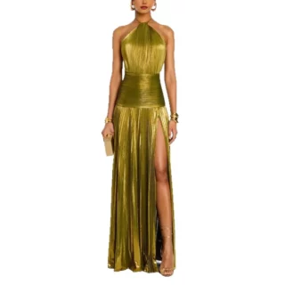 Metallic Halter Neck Pleated Maxi Dress High Slit Elegant Evening Gown