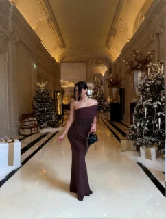 Elegant One-Shoulder Sequin Waist Maxi Dress Chocolate Brown Formal Evening Gown