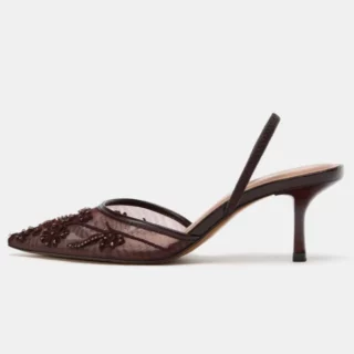 Elegant Mesh Slingback Pointed Toe Heels Floral Embroidery Coffee Brown Kitten Heel Pumps