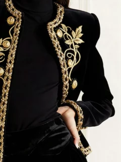 Women’s Gold-Embroidered Velvet Crewneck Coat