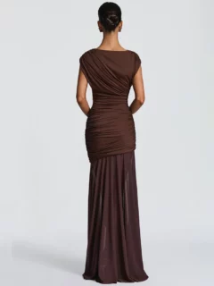 Elegant O-Neck Sleeveless Ruched Mesh Maxi Dress Slim Fit Floor-Length Evening Gown