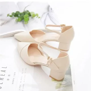 Elegant Pointed Toe Mid Heel Pumps Beige Ankle Strap Block Heel Shoes