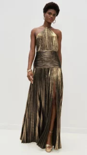 Metallic Halter Neck Pleated Maxi Dress High Slit Elegant Evening Gown