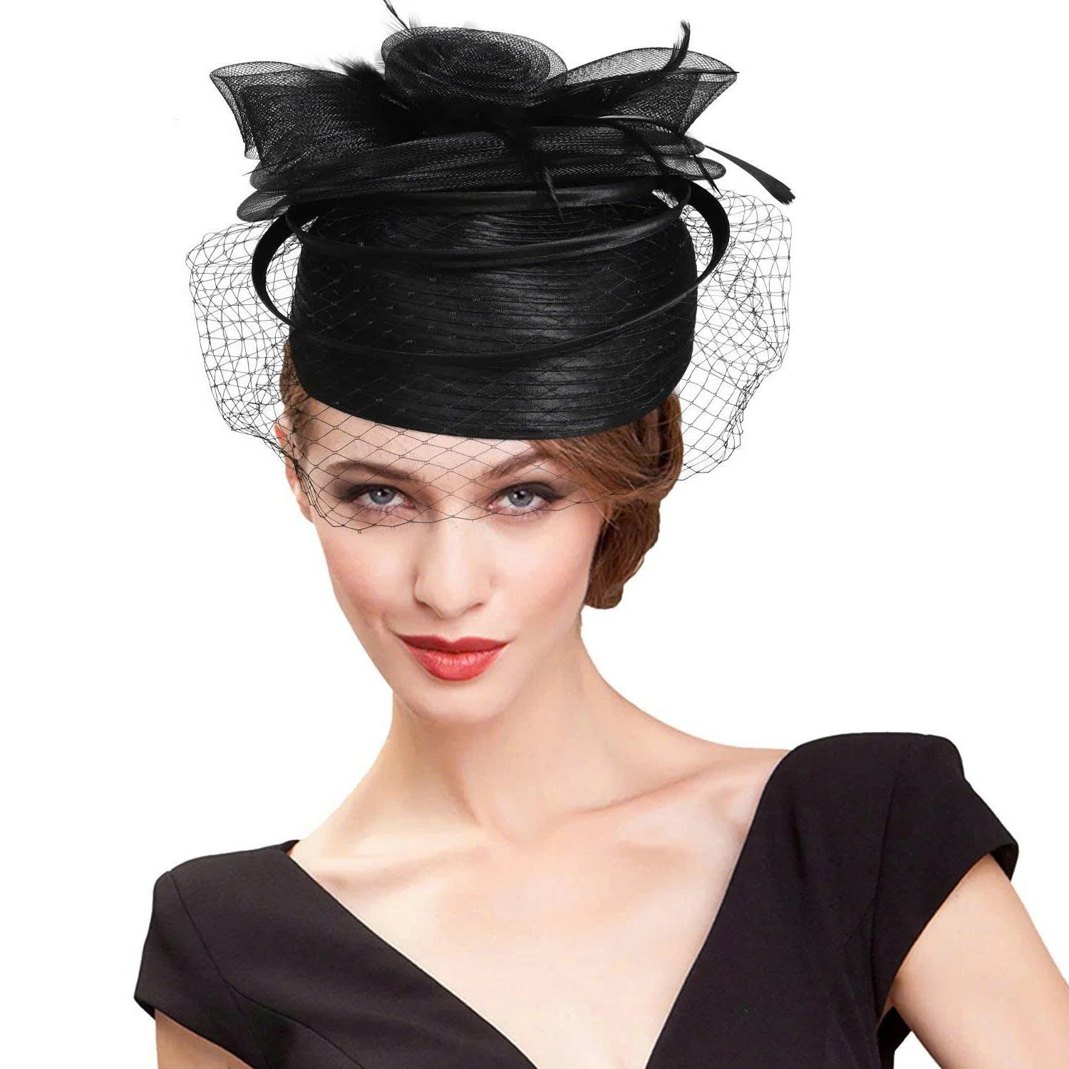 Elegant Feathered Veil Millinery Ornament - One Size